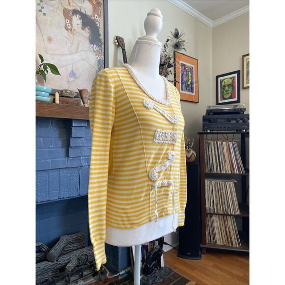 Anthropologie Sparrow M Yellow Striped Sweater Crochet Button Cardigan Y2K - Picture 3 of 14